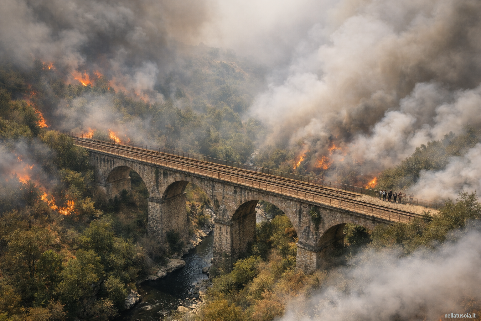 Il ponte sul Mignone avvolto dal fumo - ferrovia dismessa Capranica-Civitavecchia