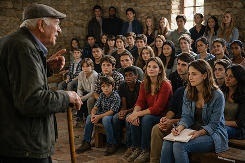 Un uomo anziano parla dei suoi ricordi ad un insieme di giovani.