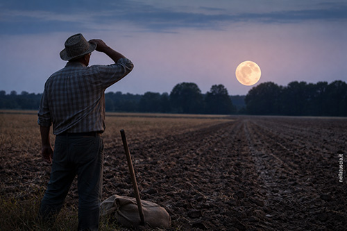 Il contadino segue con lo sguardo la luna che cala oltre l'orizzonte.