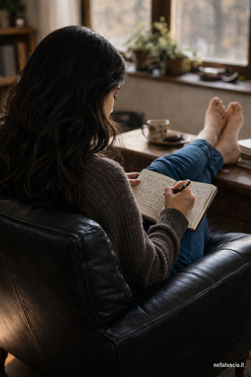 Livia in poltrona prende appunti sul taccuino.