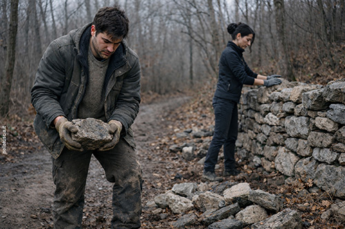 Marco e Livia sistemano i sentieri e riparano un muro a secco in inverno.