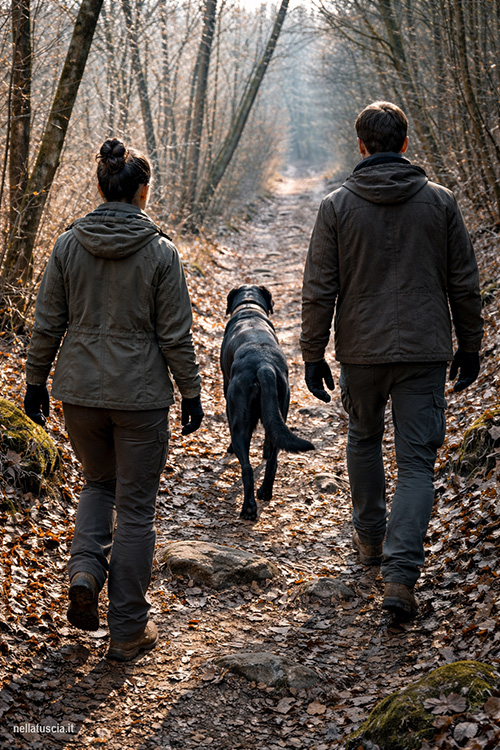 Marco e Livia seguono Vigil nel bosco.