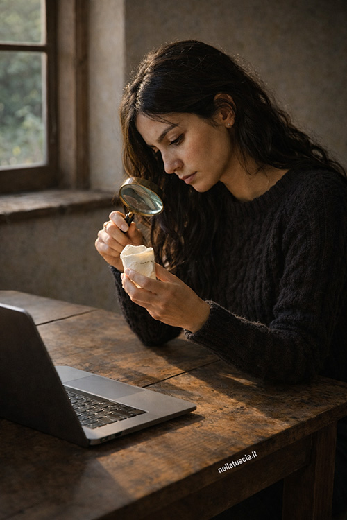 Livia al tavolo del casale esamina il reperto di alabrastro.
