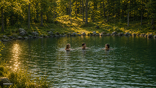 Livia, Marco ed Elisa nuotano nel laghetto appena formato nello spiazzo tra gli alberi.