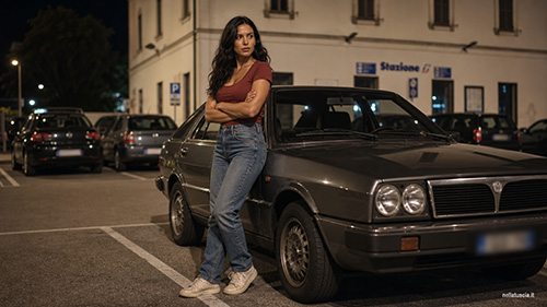 Livia, appoggiata alla Lancia, attende Paolo di sera alla stazione di Sutri.