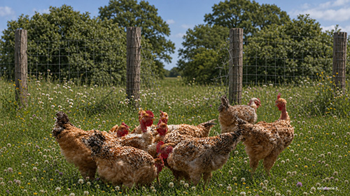 Le galline superstiti razzolano e sullo sfondo la rete lacerata.
