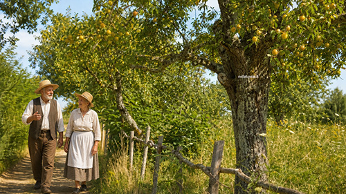 Una coppia di contadini anziani percorre la carraia parlando, al loro fianco susini e noccioli.