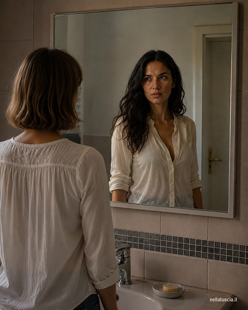 Livia si guarda allo specchio di un bagno non suo, scoprendo di essere nel corpo di Elena.
