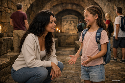 Livia giovane è abbassata parlando con una bambina al Mitreo di Sutri.