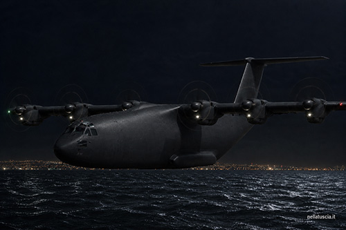 Un X-51 della Phénix vola di notte a filo d'acqua sul Mediterraneo.