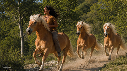 Livia cavalcando a pelo riporta i cavalli al galoppo lungo il sentiero.