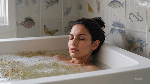 Livia si rilassa immersa nella vasca con le essenze dopo il ritorno.