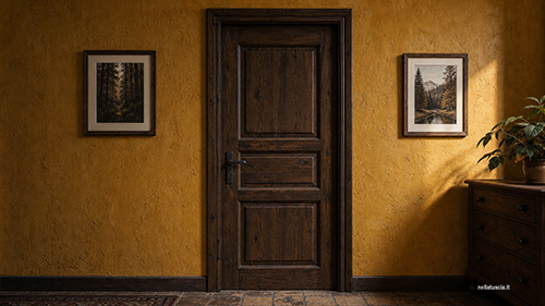 La porta chiusa del casale nella luce del mattino.