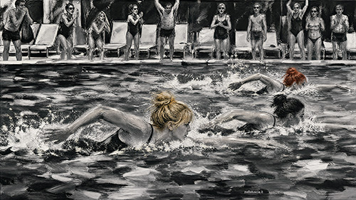 Due ragazze sfidano Elisa in una gara di nuoto a Dumonon.
