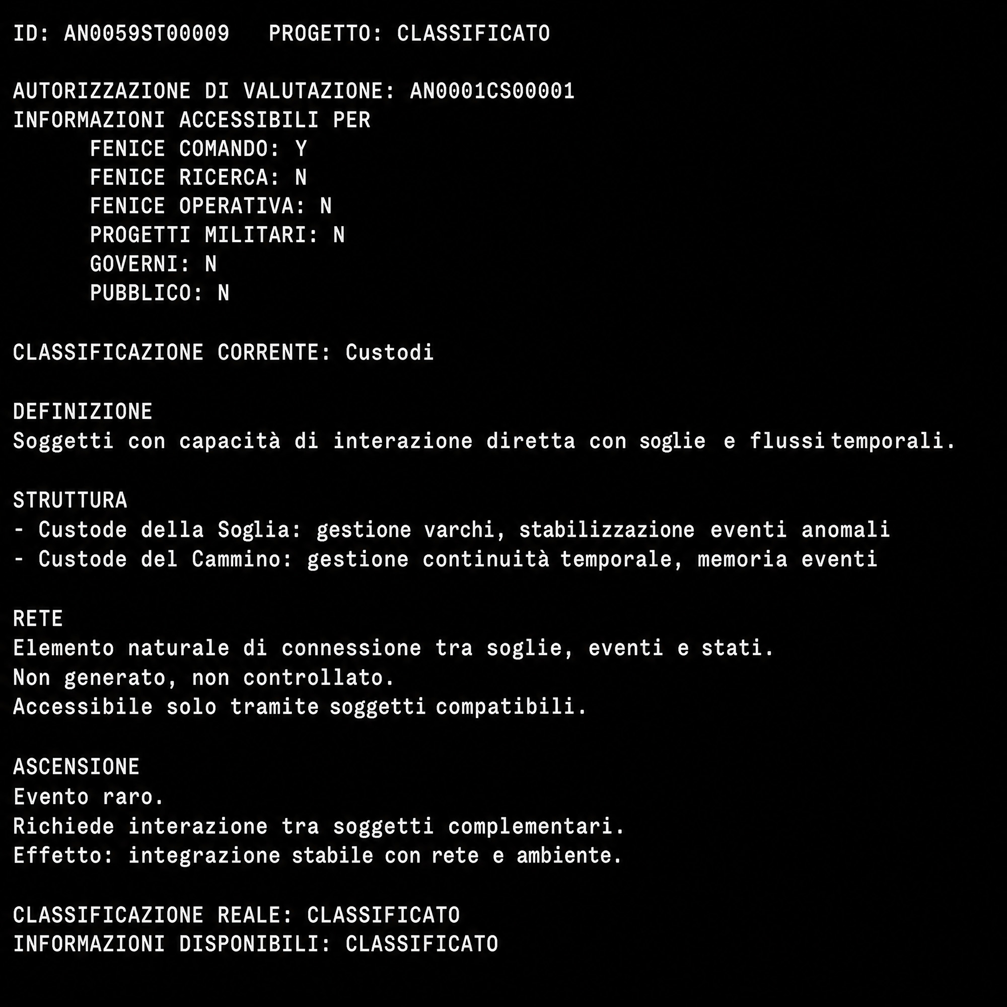 Schermata dell'archivio classificato della Phénix de Feu con introduzione al progetto Custodi.