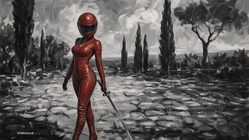 Dipindo espressionista di Freja in tuta tattica rossa con la katana.