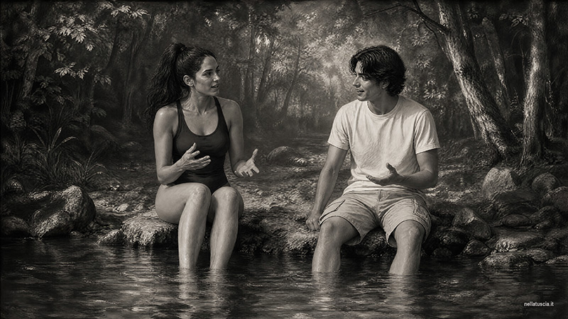 Livia e Paolo parlano serenamente sulla riva del lago delle Tre Brecce.