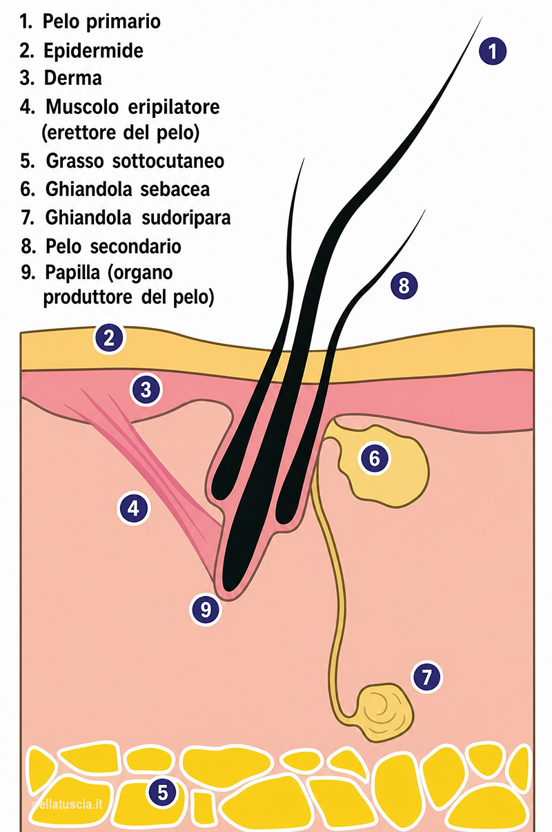 Diagramma della struttura della pelle e dei follicoli piliferi del cane