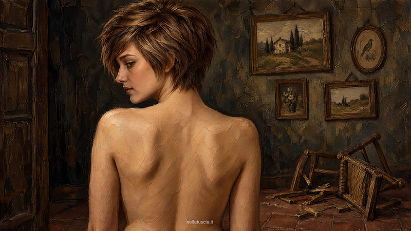 Arianna si sveglia nuda e scopre la sedia distrutta conto il muro.