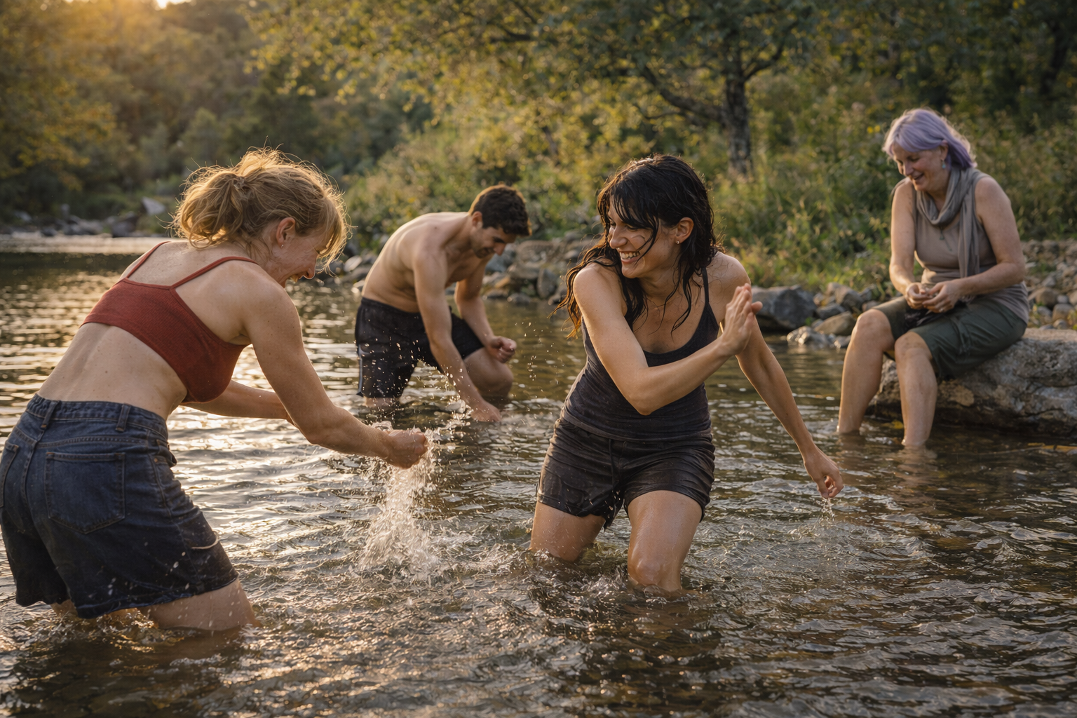 I Custodi con Althea giocano nel fiume.